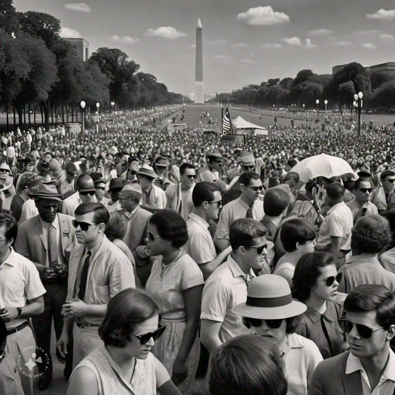 Fake AI photo of 1960s crowd on the mall in DC.